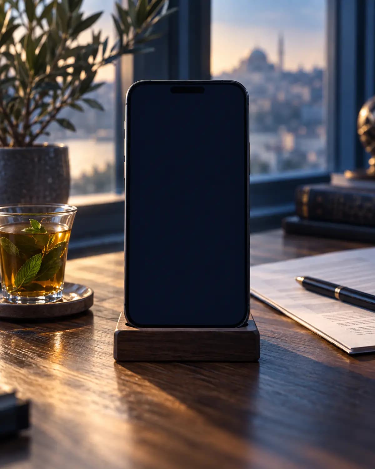 Téléphone posé sur un bureau, écran Échéances de QanounIA