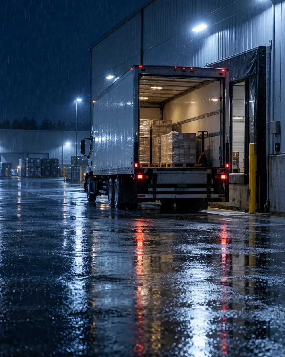 Camion à quai sous la pluie, porte ouverte